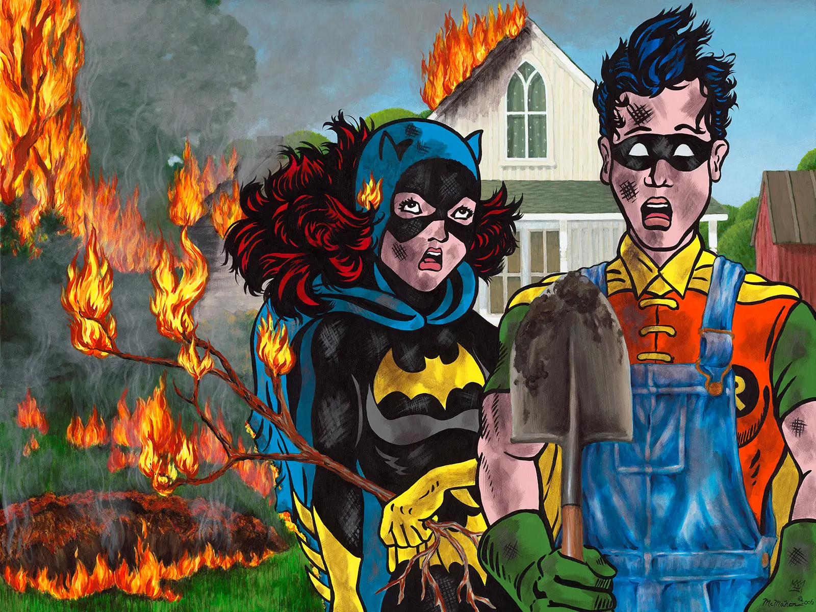 Acrylic painting depicting Batgirl and Robin in a rural setting, modeled after American Gothic. Robin stands with a shovel, realizing he has hit a buried line, causing an explosion behind them. Batgirl, arms crossed, rolls her eyes in frustration. A satirical take on domestic life, consequence, and superhero fallibility
