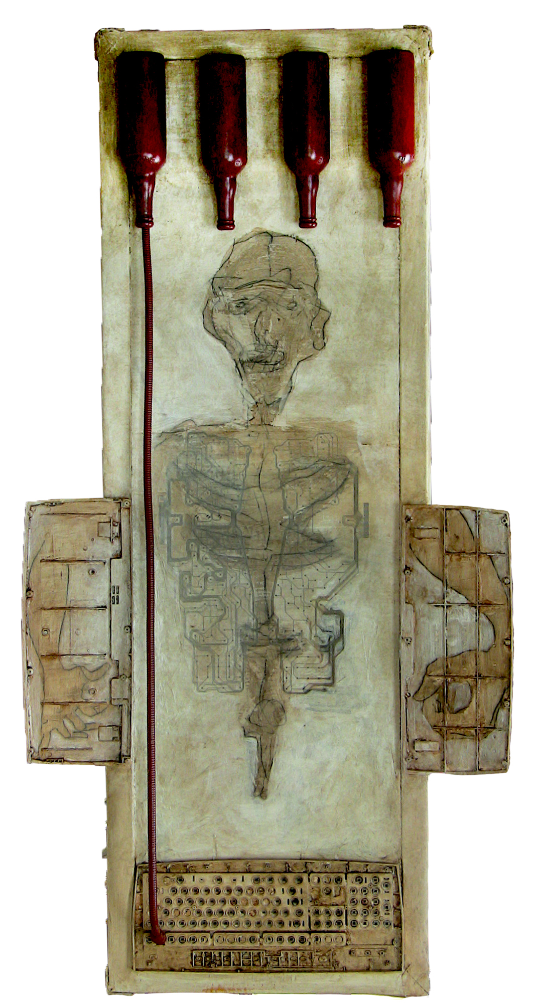 Mixed media assemblage featuring a skeletal human figure embedded with computer parts and industrial elements, critiquing internet addiction and hidden behaviors.