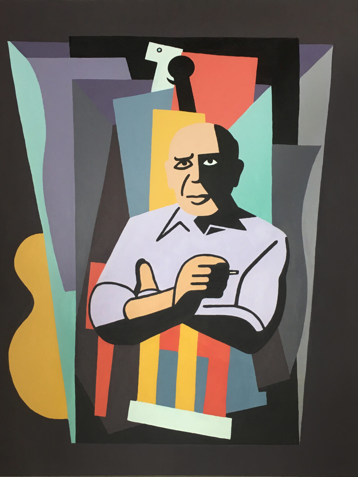 Fine art painting of Pablo Picasso reimagined in NuCubist style, featuring layered planes, bold color blocks, and playful visual deconstruction.